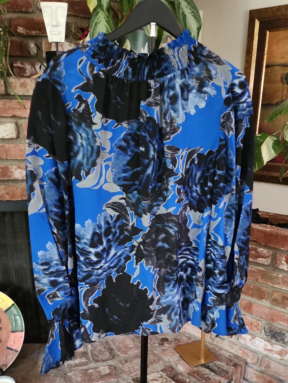 NWT Kobi Halperin 100% Silk Blue Floral Smocked Mock Neck Long Sleeve Blouse